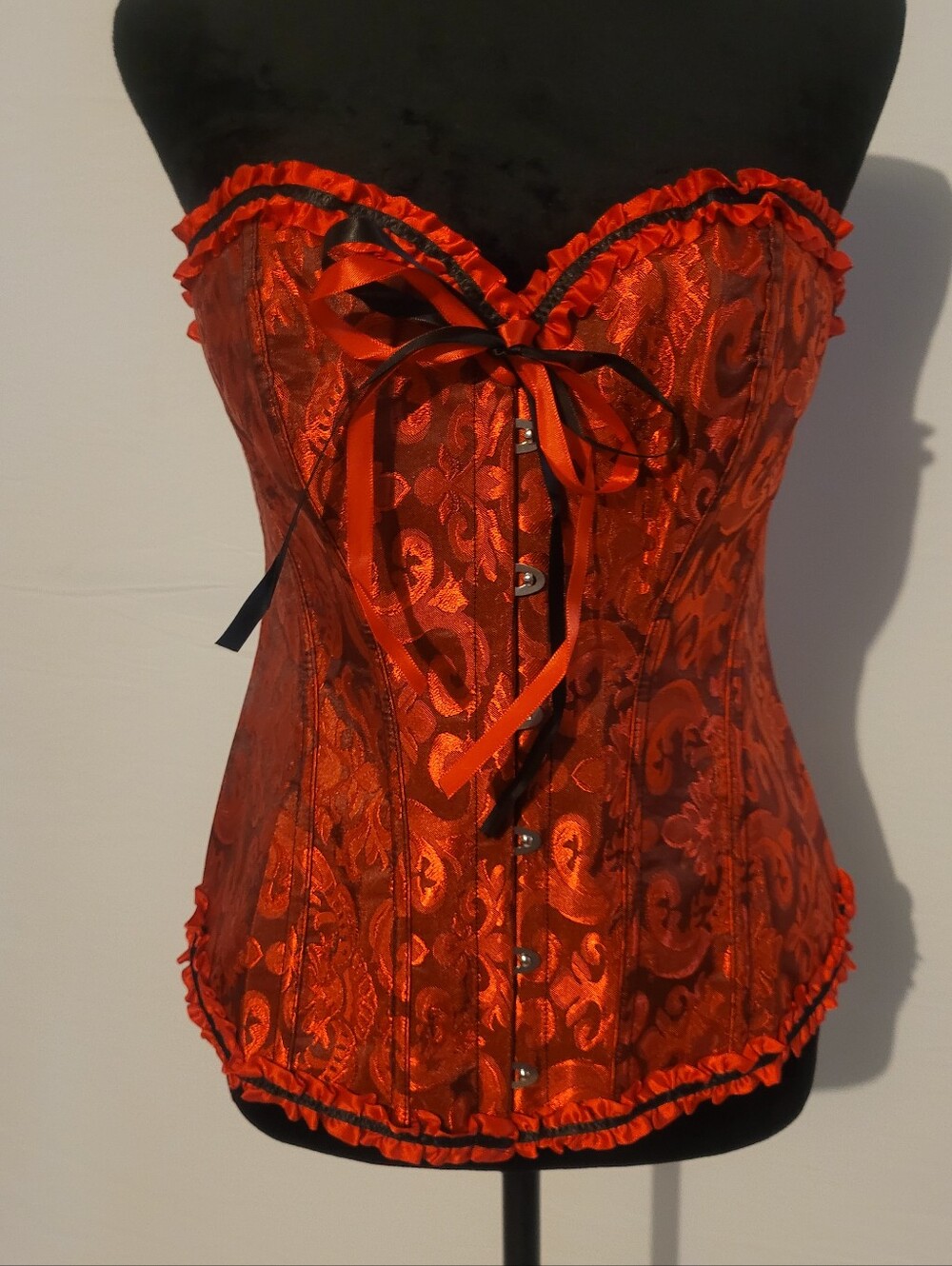 Red And Black Brocade Strapless Corset with Ribbon Ties And Thong, L